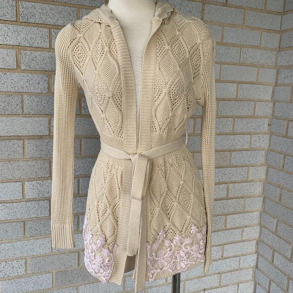 PATRIZIA LUCA MILANO HOODED KNITTED CARDIGAN SWEATER  BEIGE SIZE S/0 LONG SLEEVE - Picture 1 of 10